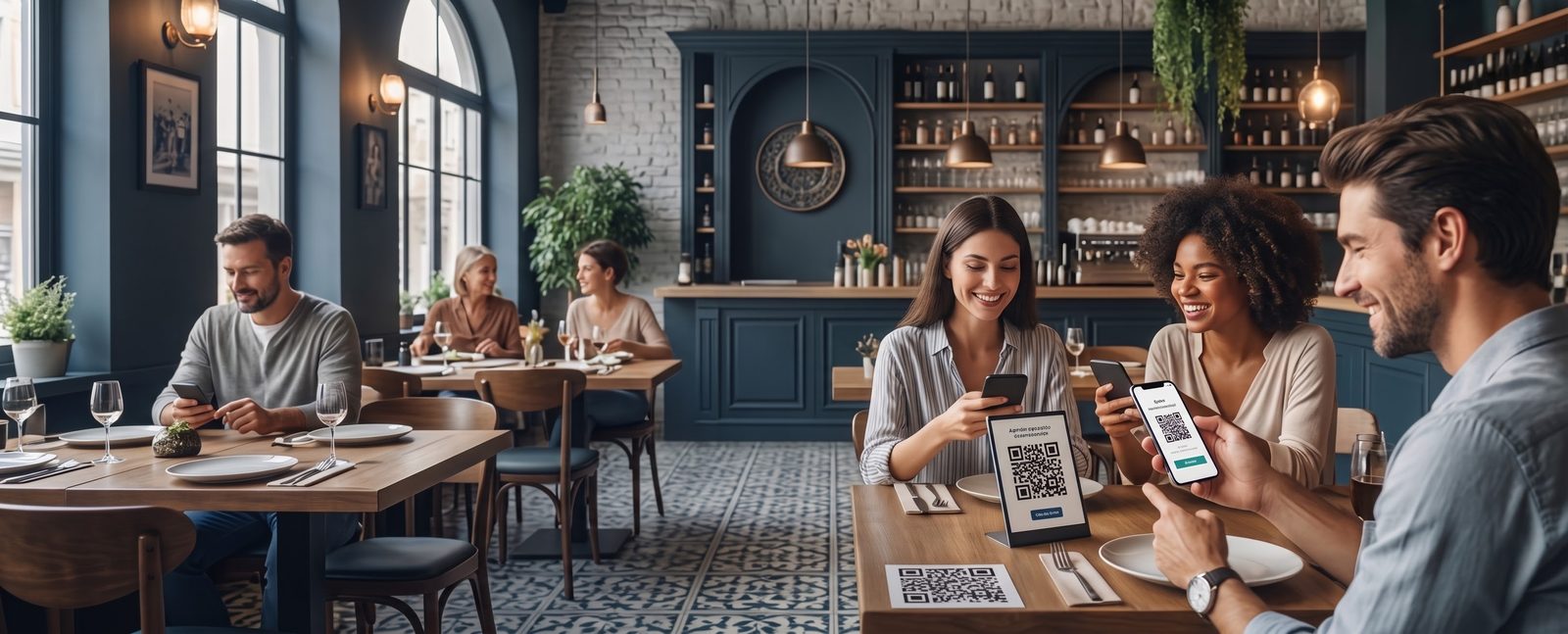 Πελάτης σκανάρει το SERVO QR δίπλα σε εκλεπτυσμένο πιάτο