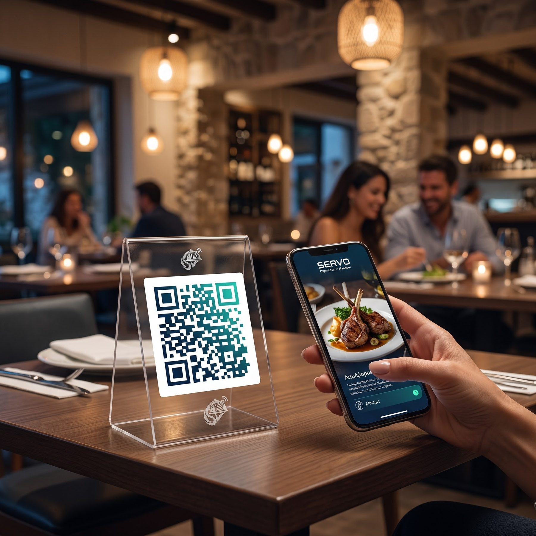Φίλοι σκανάρουν το QR μενού SERVO σε εστιατόριο