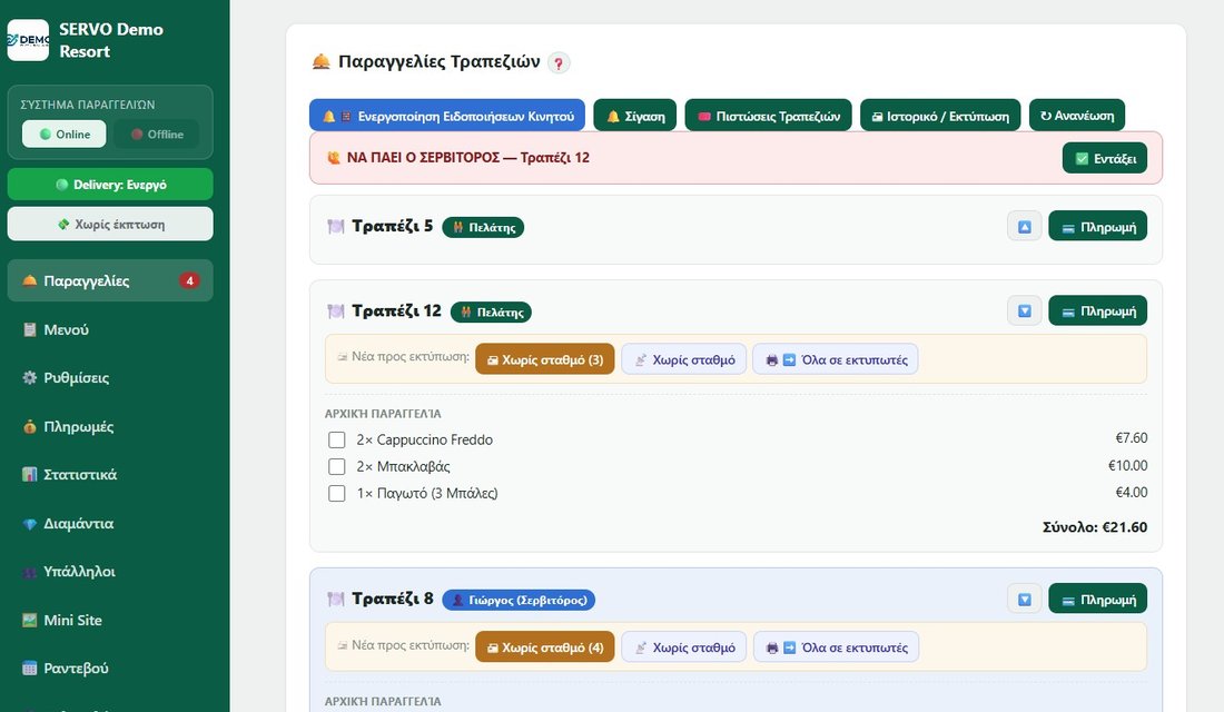 Πίνακας διαχείρισης παραγγελιών SERVO